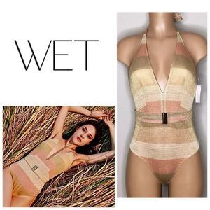 New. WET gold metallic stripe swimsuit. Small. Retails $208